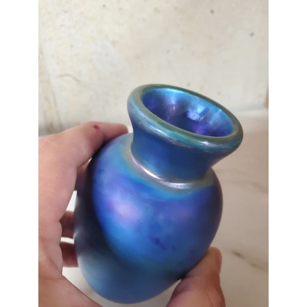 Stunning Blue Iridescent Glass Vase, Vintage, 4.25